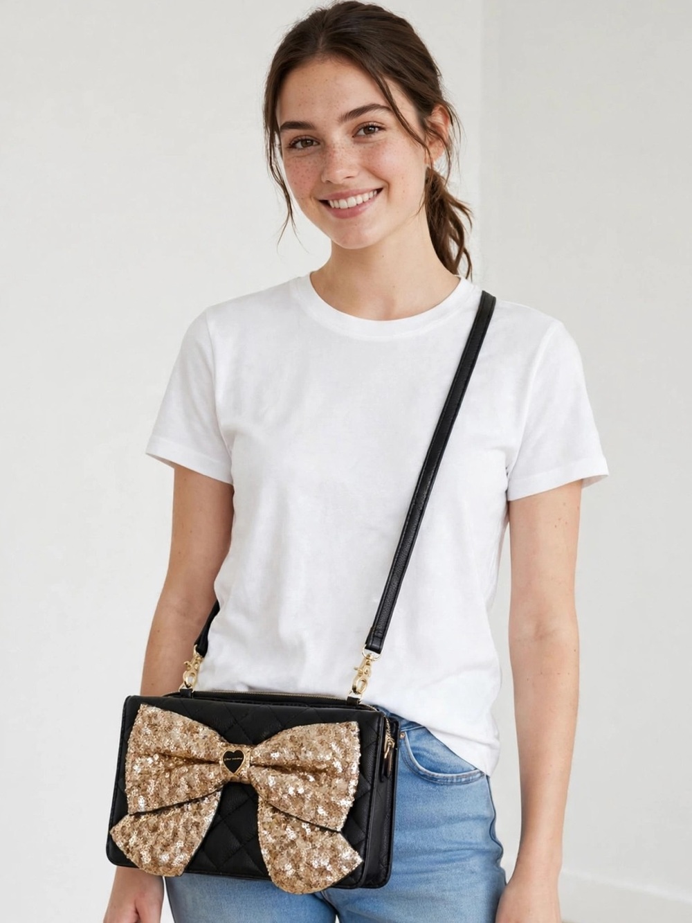 Betsey Johnson Crossbody Bag with Gold Sequined Bow